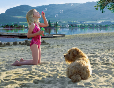 Little girl blowing bubbles on beach with her dog.