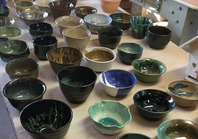 Empty handcrafted bowls for fundraiser
