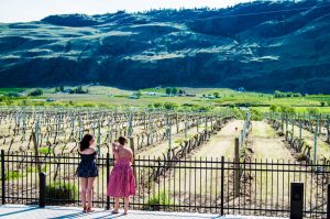 Two women overlooking Okanagan vineyard in Spring