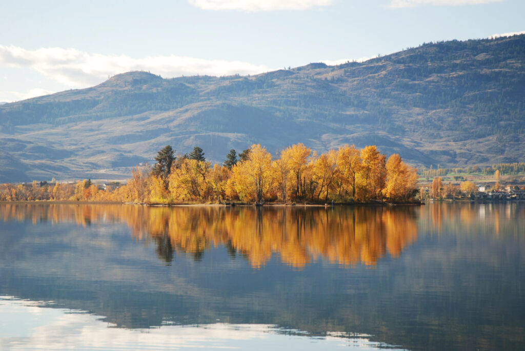 A reflection of autumn-coloured trees across Osoyoos Lake, BC.