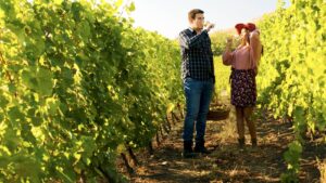 Couple enjoying the their Stay & Sip Wine Passport tasting in Osoyoos, BC