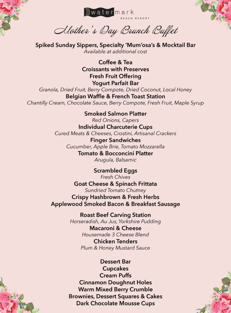 Mothers day brunch menu at Watermark Hotel in Osoyoos BC