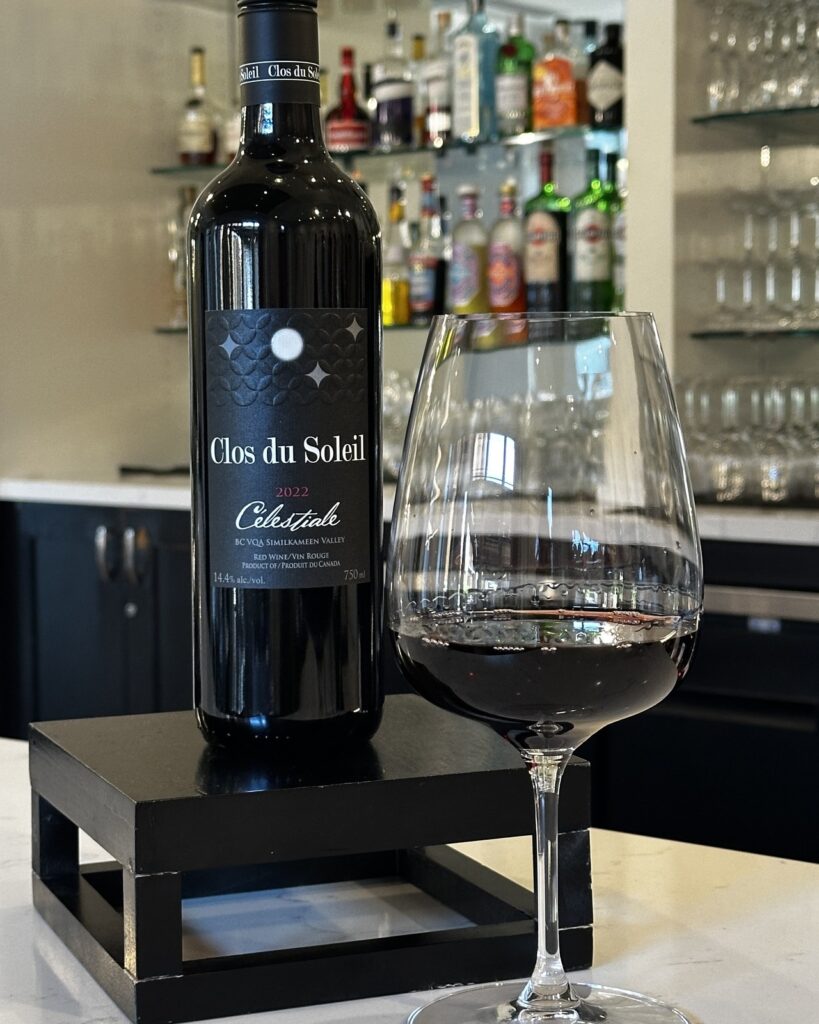 Bottle and glass of Clos du Soleil Célestiale Bordeaux blend at the 15 Park bar