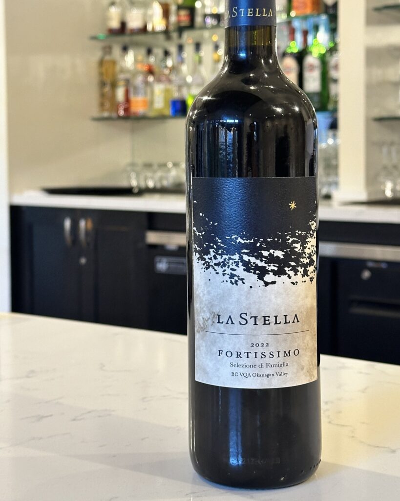 A bottle of La Stella Fortissimo Riserva di Famiglia, a Tuscan-style red blend from Osoyoos