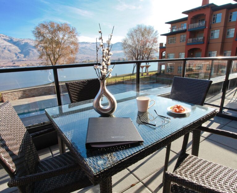 A lake-view suite at Watermark Beach Resort set up for a longer fall stay